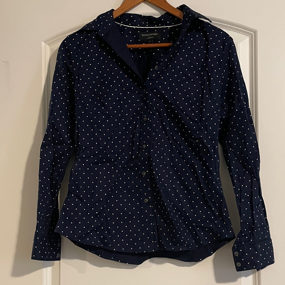 3/$15 or 5/$20 Banana Republic Navy Button-Down Shirt with White Polka Dots